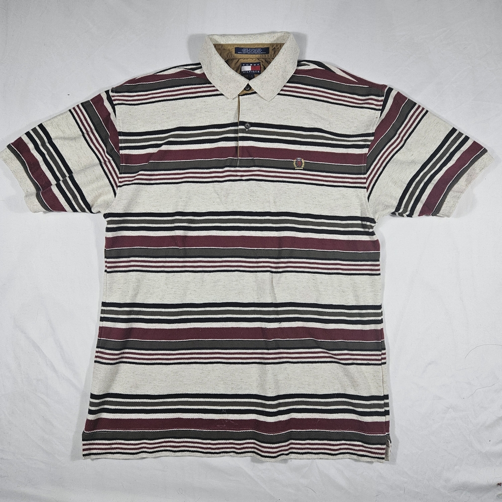 Tommy Hilfiger Burgundy and Cream Striped Polo